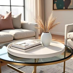 QAVOL 25 Inch Round Ottoman Tray - Faux Leather Large Serving Tray for Couch/ Coffee Table, Family Dinner, Picnic, Party Decor (25 inch Beige)
