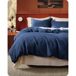 Bedsure Cotton Duvet Cover Queen - 100% Cotton Waffle Weave Navy Blue Duvet Cover Queen Size, PureWoven Breathable Bedding Set for All Season, 3 Pieces, 90"x90"