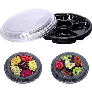 10 Pcs Plastic Appetizer Serving Tray with Lid Round 12.5 Inch with Lid Disposable Serving Fruit Veggie Catering Tray with 6 Divided Compartment for Fruit Snack Veggie Party