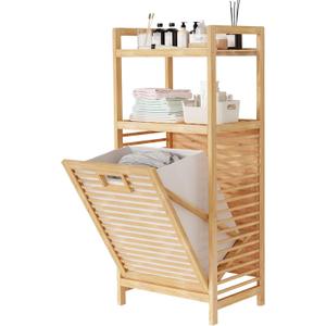 Lkeiyay Laundry Hamper Tilt-Out Laundry Linen Hamper Bamboo, 2 storage shelves and Removable Lining for Bedroom,Laundry Room,bathroom storage cabinet (2 Tier - Small)