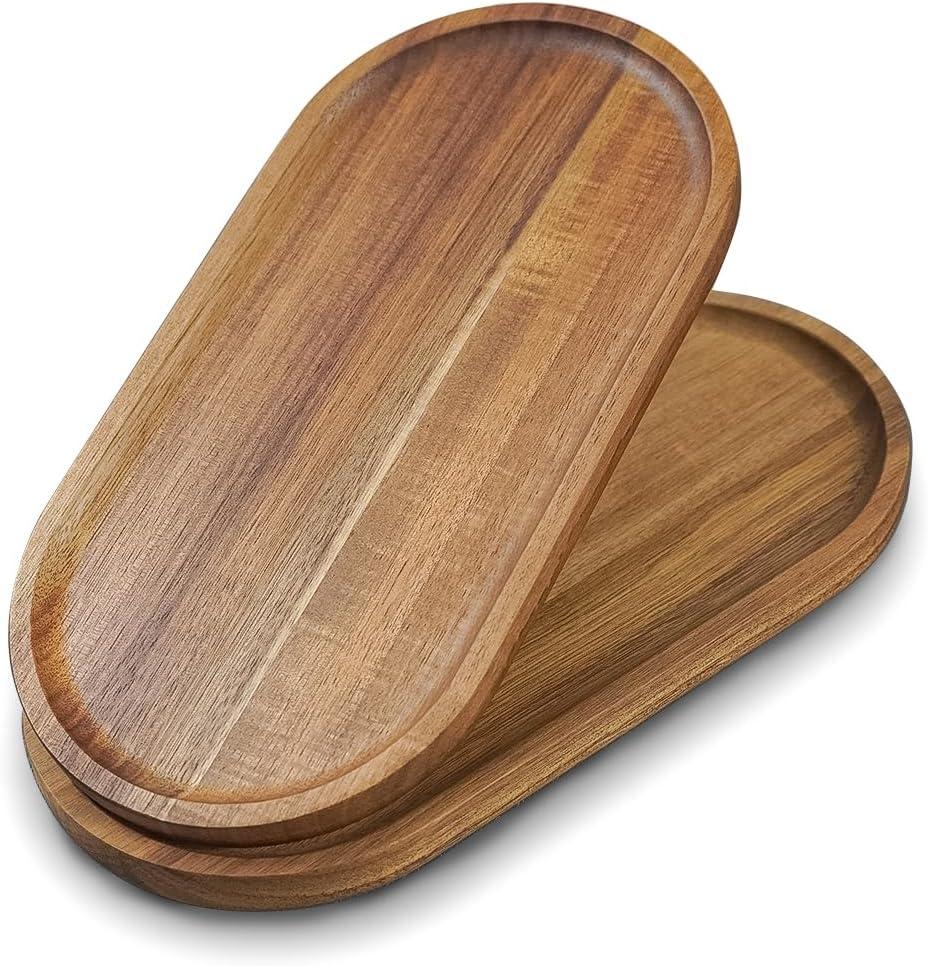 2 pcs Small Acacia Wooden Tray 11.86inch Rustic Wood Serving Trays Bulk Boards Oval Charcuterie for Food Cheese Cookie Fruit Sushi,Breakfast Bread Appetizer Plates Decorative Platters