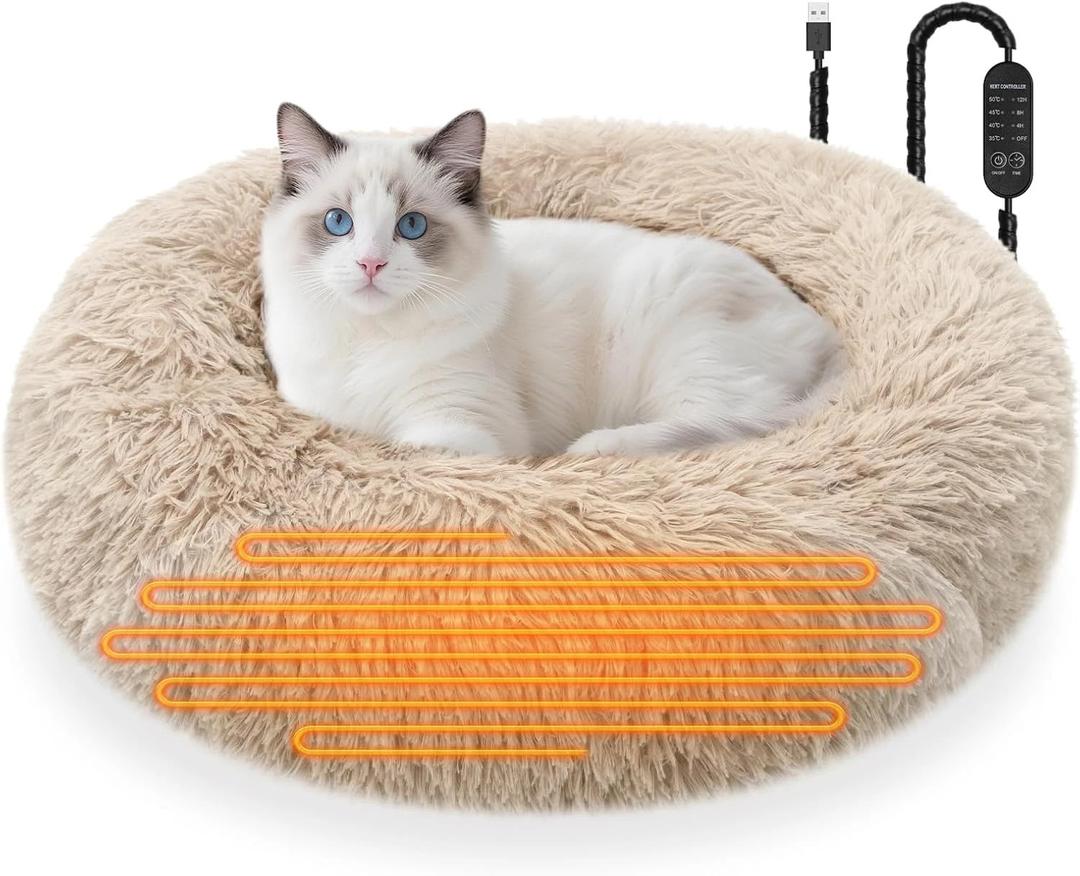SXBSXB Heated Cat Beds for Indoor Cats and Small Dogs, 24'' Heated Pet Bed with Timer and Temp Adjustable, Cozy Fluffy Round Calming Pet Beds Removable Washable Cover USB Electric Warm Cat Bed Camel