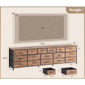 Huuger 77.6" Long Dresser for Bedroom, 16 Drawer Fabric Dresser for Closet, Wide Chest of Drawers with Storage, TV Stand for 65, 75, 85 Inch TV, 77.6" W x 13" D x 26.4" H, Rustic Brown