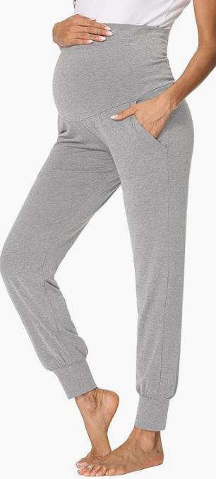 fitglam Women's Maternity Pants Over Belly Lounge Pajamas Clothes Pregnancy Must Haves Joggers with Pockets (Large, 1pcs Heather Grey)