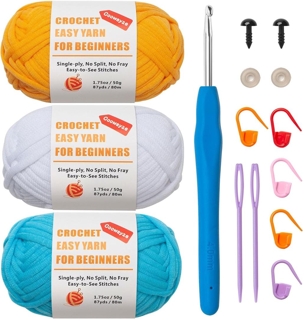 Crochet Yarn for Beginners, Beginner Yarn for Crocheting, 3 Pack1.8 oz Amigurumi Yarns Set with Easy-to-See Stitches and No Split, Thick & Soft, Worsted Medium #4, Cotton-Nylon Blend (Yellow Blue White)