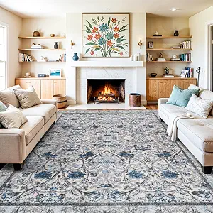 10x14 Blue Cream Area Rug for Living Room Bedroom Neutral Floral Soft Non Slip Rug Low Pile Distressed Large Carpet for Dining Room Nursery Office Indoor