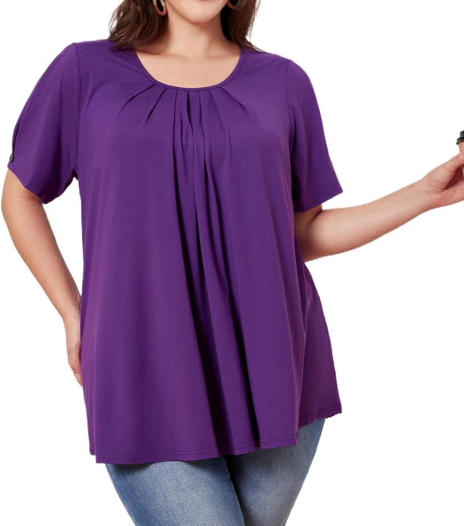 Plus Size Tunic Tops for Women Short Sleeve Summer Casual Tunics with Leggings Loose Fit Pleated Dressy Blouses (X-Large)