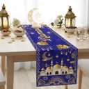 Ramadan Mubarak Table Runner, 13x72 Inch Blue Gold Eid Mubarak Table Runner for Home Party Decoration, Crescent Moon Star Eid Family Party Dining Room Table Decorations