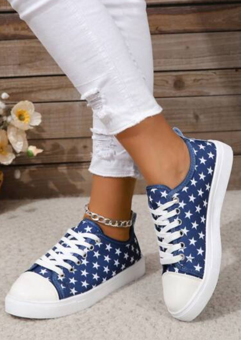 Women Star Pattern Lace-Up Front Canvas Shoes, Sporty Sneakers 6