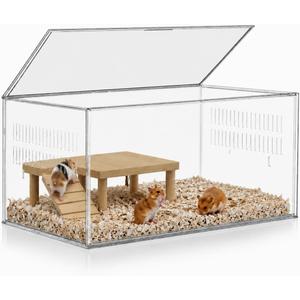 STILLCOVE Transparent Hamster Cage with Platform: 2-Tier Small Animal Cage | Wooden Platform & Ramp, Clear PET Guinea Pig House, Rat Enclosure, Mouse Tank, Pet Habitat for Hedgehog Gerbil Rodent