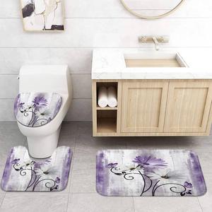 VeiVian Rustic Farmhouse Bath Mat Set, Farm Purple Daisy Floral Flowers and Butterfly on Country Wooden Bathroom Mat Set with Non-Slip Bath Rug, Soft Toilet Lid Cover and Contour Mat, Grey(Purple)