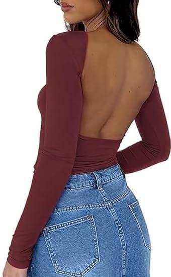 ForeFair Women Sexy Backless Short Sleeve Slim Fit Crewneck Summer Casual Y2K Crop Tee
 M