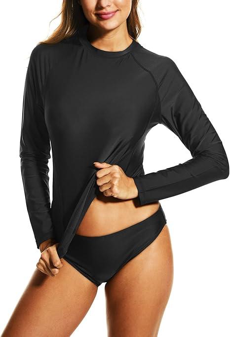 HODOSPORTS Rash Guard for Women UPF 50+ Swim Shirt with Pockets Sun Protection Shirts Lightweight Long Sleeve Black Small, Black 