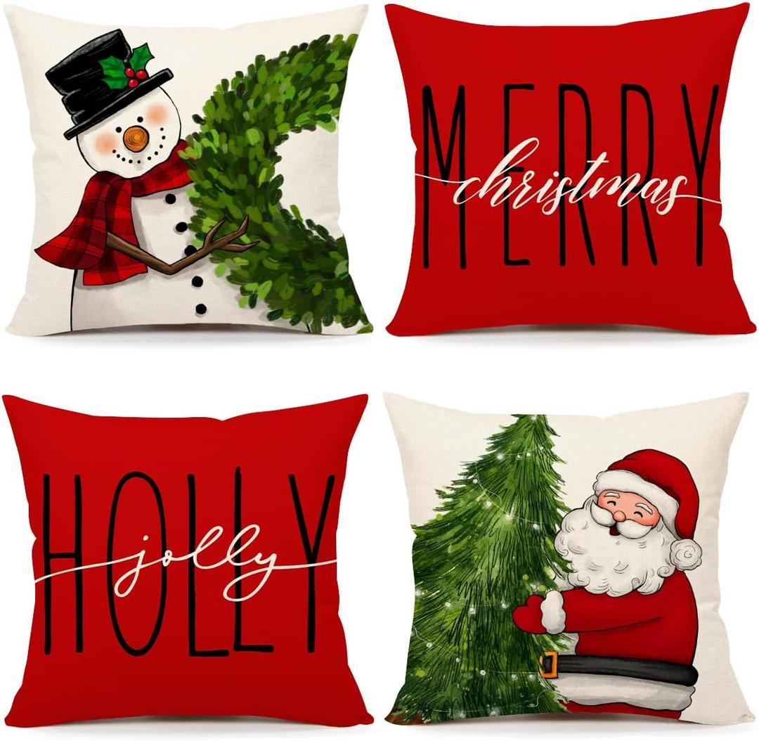 4TH Emotion Red Christmas Pillow Covers 16x16 Set of 4 Farmhouse Decorations Snowman Wreath Santa Claus Tree Merry Christmas Holly Jolly Winter Holiday Decor for Home Couch