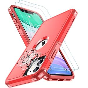 SPIDERCASE Shockproof for iPhone 11 Case,[10 FT Military Grade Drop Protection],with 2 pcs[Tempered Glass Screen Protector+Camera Lens Protector] Heavy Duty Full-Body Protective Phone Case,Red Pack of 3