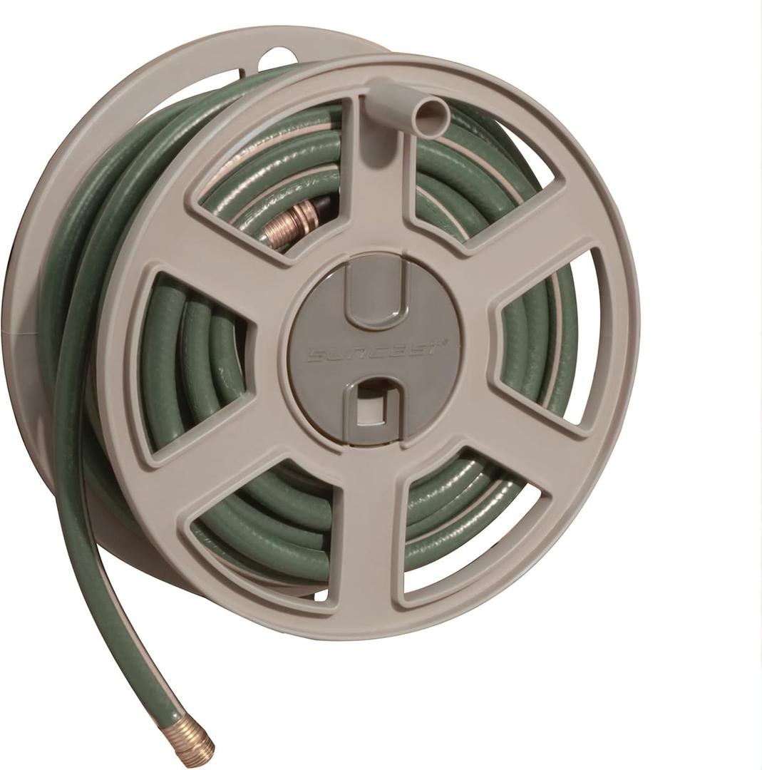 Suncast 100 Ft. Wall Mount Hose Reel Side Winder for Yard, Garden, Space-Saving Design, Easy Hose Storage, Fully Assembled, Taupe (Open Box), Made in the USA