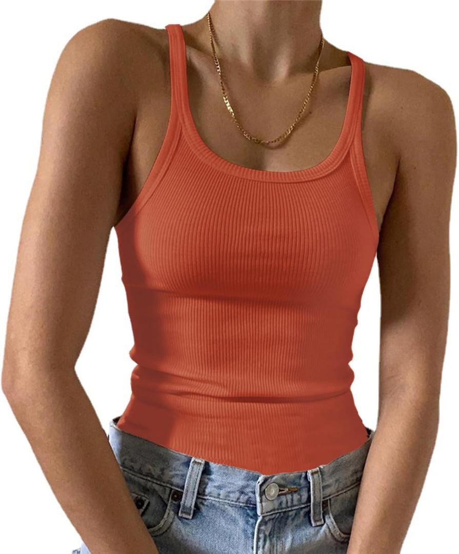Artfish Women's Sleeveless Tank Top Form Fitting Scoop Neck Ribbed Knit Basic Cami Shirts (Medium, 02# Full Length Orange)