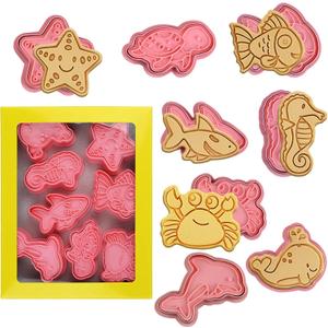 Ocean Cookie Cutters With Plunger Stamps Set,8 Piece See Cookie Cutters,Sea Embossing Cutter For Fondant Biscuit Cheese Baking