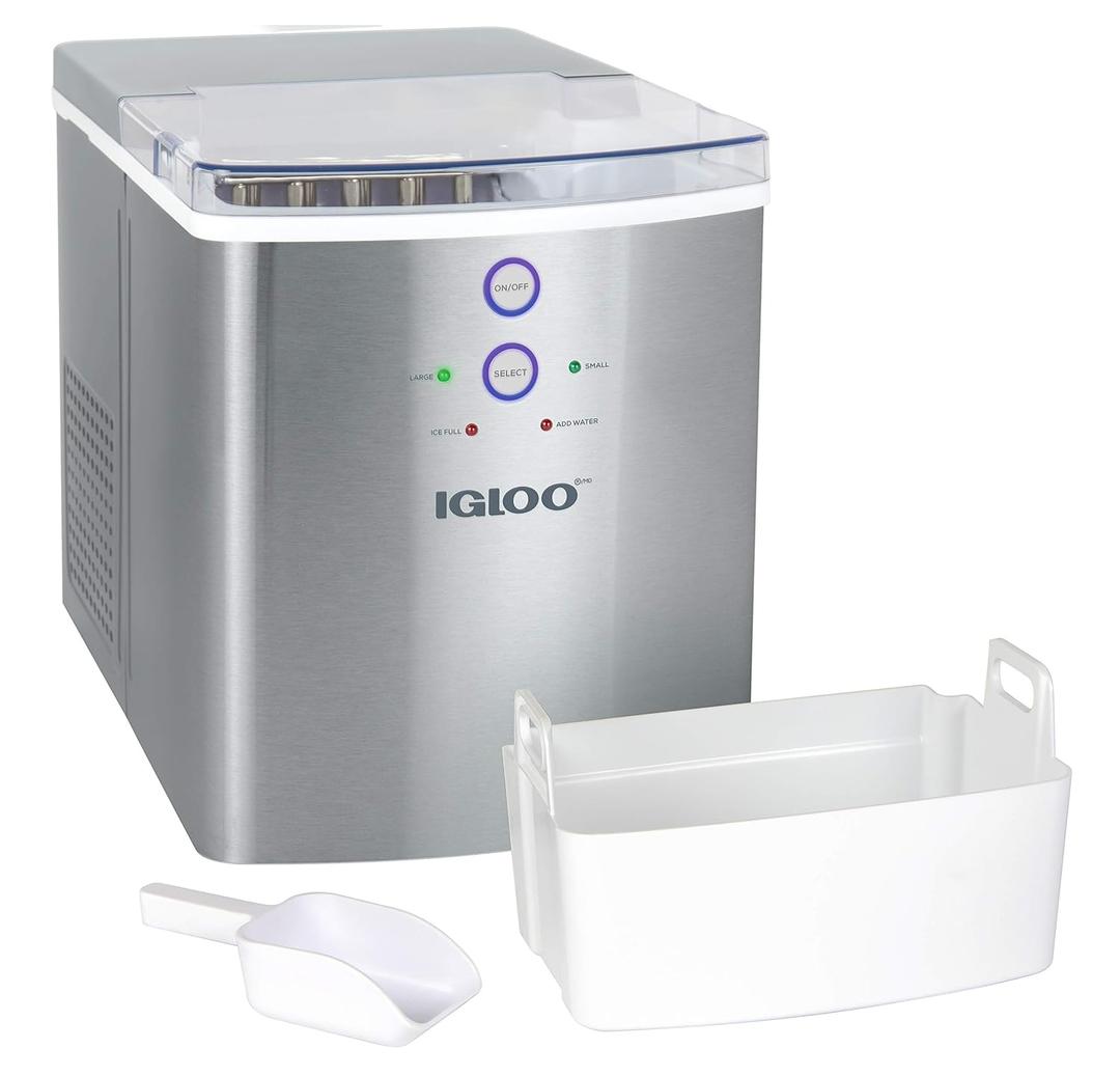 Igloo Electric Countertop Ice Maker Machine - Automatic and Portable - 33 Pounds in 24 Hours - Icecube Maker - Plastic Scoop and Basket - Ideal for Iced Coffee and Cocktails - Stainless Steel