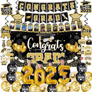 Graduation decorations class of 2025,graduation backdrop sign,photo booth props,Congrats grad banner,Hanging Swirls,Gold balloons of number 2025 for men women graduation party decorationsGold