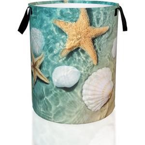 Starfish and Seashell on Beach Laundry Basket,Waterproof Foldable Laundry Hamper,Dirty Clothes Laundry Basket, Linen Bin Storage Organizer for Toy Collection 16" x 20"
