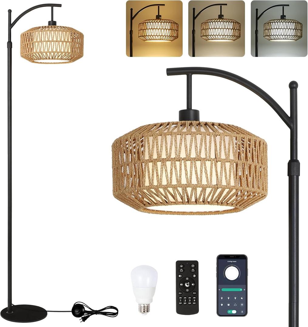 Arc Floor Lamps for Living Room, Dimmable Rattan Floor Lamp with Remote & LED Bulb, Mid Century Modern Standing Lamp with Double Shades, Boho Farmhouse Tall Pole Lamps for Bedroom Office (Black)