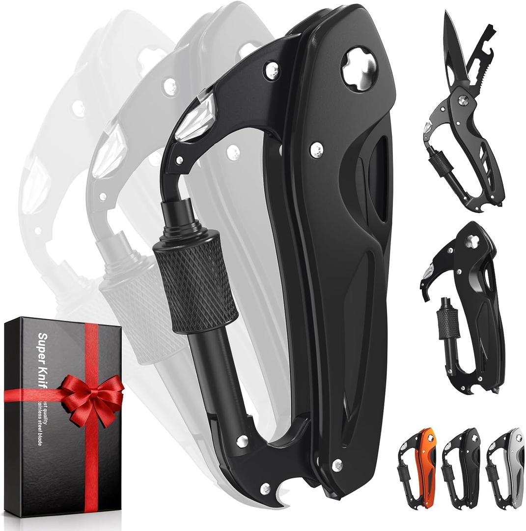 Carabiner Multitool 9-in-1 EDC Pocket Knife, Hexwrench, Saw, Screwdriver, Bottle Opener, Breaker, Survival Gear for Camping Climbing, Gifts for Men Women, Stocking Stuffers (Black)