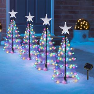 Dynaming 4 Pack Solar Spiral Christmas Trees with Lights, 19" Outdoor Light Up Christmas Pathway Markers with Colorful Lights, Waterproof & Auto On/Off Xmas Decoration for Patio Yard Walkway Driveway (Multicolor)