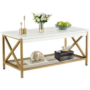 VECELO Coffee Table with 2-Tier Storage Shelf X-Frame for Living Room, Office Industrial Style,Easy Assembly, 39 inch Gold VECELO Coffee Table with 2-Tier Storage Shelf X-Frame for Living Room, Office Industrial Style,Easy Assembly, 39 inch Gold