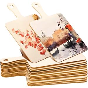 Oomcu 12 PCS Wooden Mini Cutting Board with Handle,Rectangle Unfinished Wood Craft Paddle Serving Tray Chopping Board Cutout for DIY Thanksgiving Christmas Home Kitchen Fruit Decor (9.1 x 5.5 Inch)