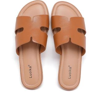 Luoika Women's Wide Width Flat Slides Sandals, Casual Comfortable Summer Beach Shoes Slip on Slide Sandal for Women (Brown), 10XW