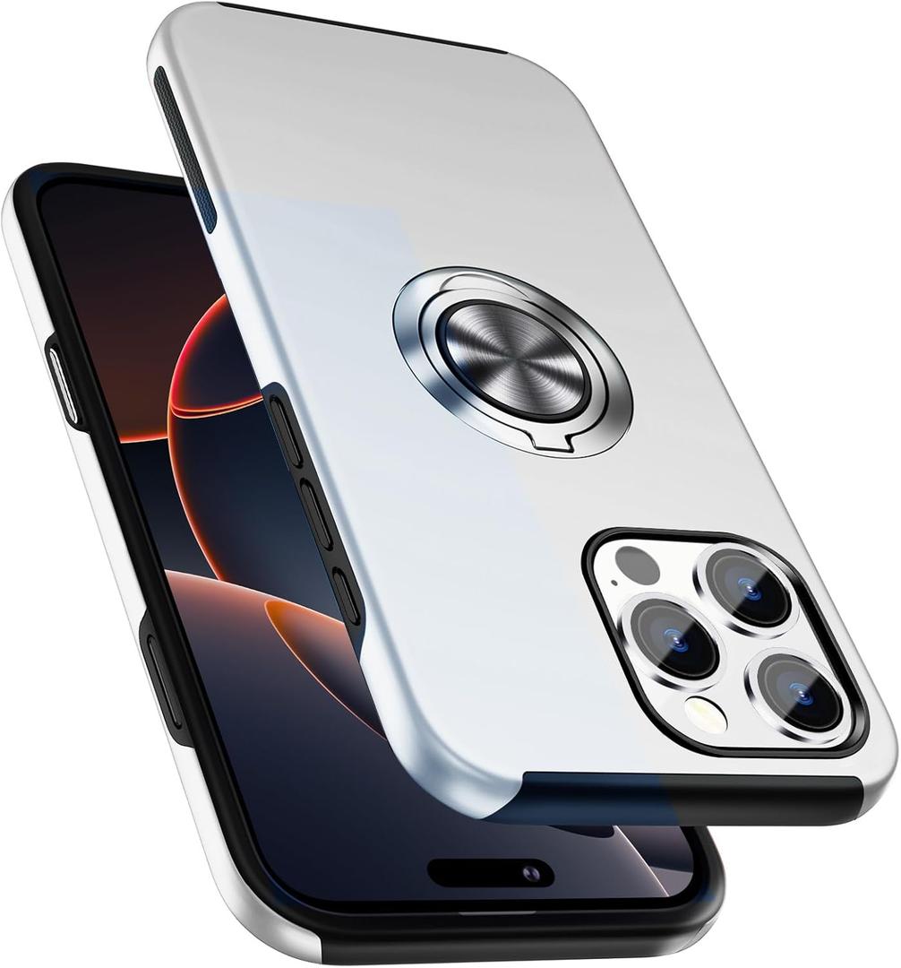PELEPUES Shockproof Case for iPhone 16 Pro Max, [Embedded Finger Ring] Military Grade Phone Case Cover with Reinforced Metal Stand Kickstand [Support Magnetic Car Holder] for iPhone 16 6.9'', Silver