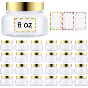 24 Pack 8 Oz Plastic Containers With Lids and Waterproof Label BPA Free - Refillable Transparent Cosmetic Containers for Body Butter,Sugar Scrubs,Cream,Lotions,Candy,Bath Salt (Gold, 8 oz)