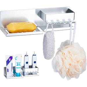 Toothbrush Holder, Soap Dish for Shower, Toothbrush Holder Wall Mount Holder, Stainless Steel Electric Toothbrush and Toothpaste Holder, Self Draining Soap Rack for Bathroom Razor Holder(Silver)