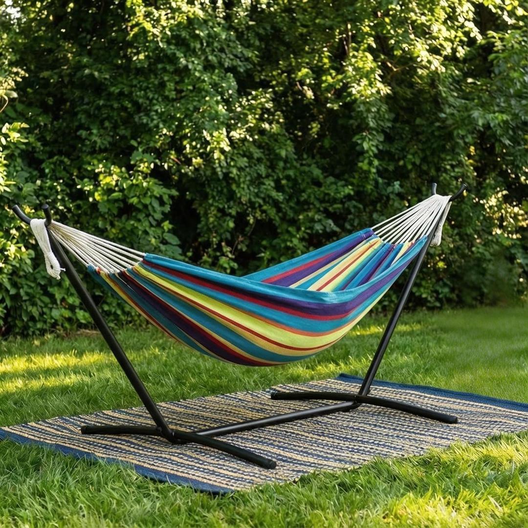 Double Hammock with Steel Stand - 2 Person Hammock Bed Indoor Outdoor, Brazilian-Style, with Carry Bag, 450lb Capacity, Portable & Easy Assembly, Tropical