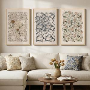 Large Framed William Morris Wall Art Set of 3, Vintage Neutral Botanical Floral Canvas Prints, Boho Nature Wall Decor for Living Room Bedroom Hallway Office, 24x36 Inch, 24"W x 36" H x 3Pcs