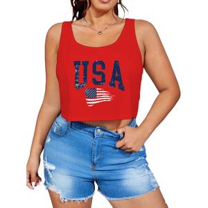 Women's Plus Size 4th of July Tops USA Tank Top Memorial Day Red White and Blue Patriotic Shirts American Flag Graphic Crop Tank Tops (Red-1,3XL)