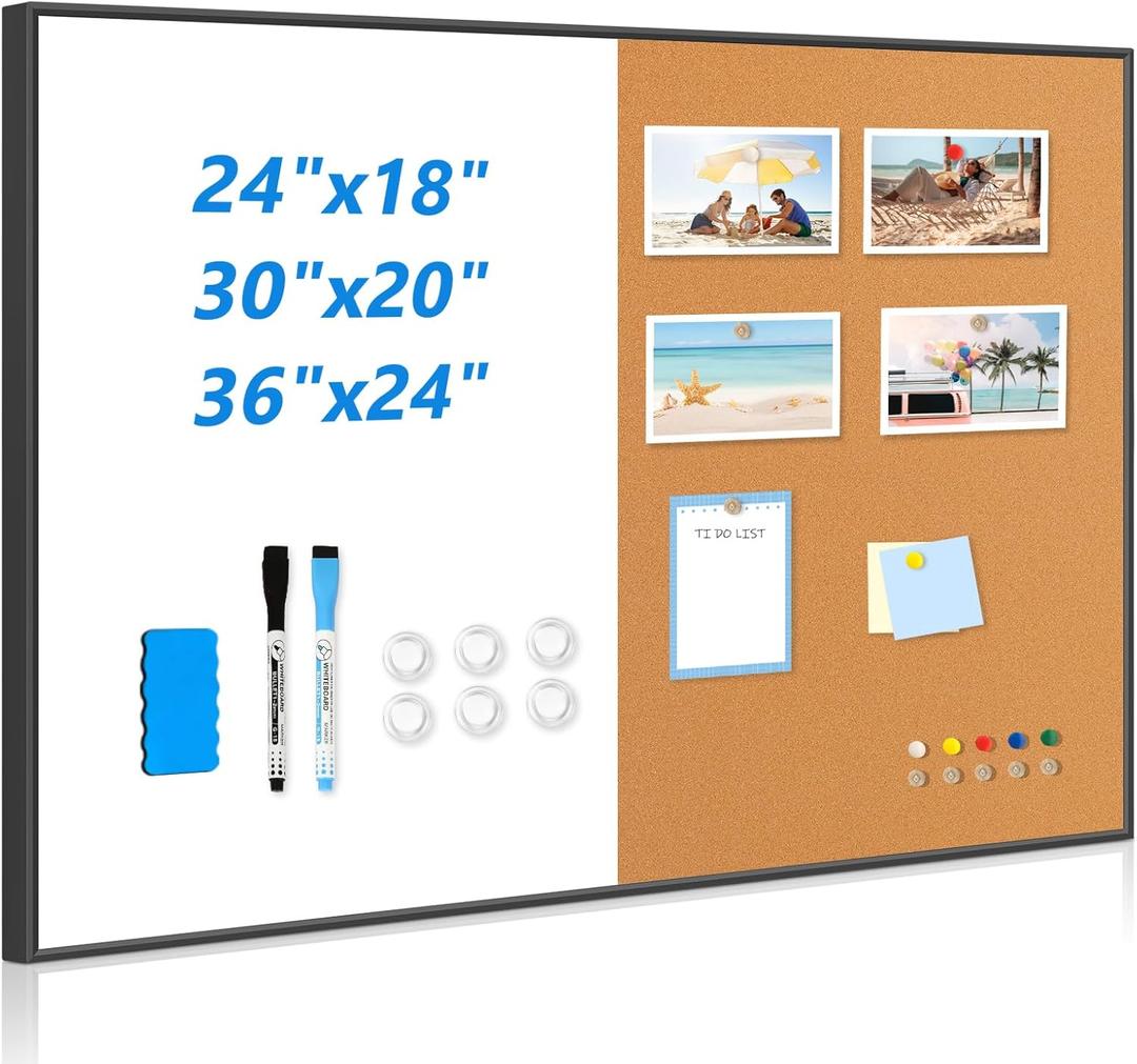 White Board Cork Board Combo, 30" x 20" Magnetic Dry Erase Whiteboard & Corkboard for Wall, Vision Board for Home Office School, Black Aluminum Frame