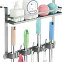 Broom Holder Over The Door Over Door Broom and Mop Rack Over The Door Hooks Organizer With4 Slots & 3 Hooks 1 Storage Basket For Laundry Room, Garage, Closet, Kitchen Decor (grey)