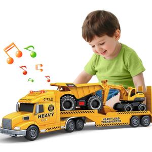 Toddler Boy Toys for 3 4 5 6 7 Years Kids, 27" Semi Construction Carrier Truck Toy with Excavator and Dump Truck, Friction Powered Toys with Lights and Sounds, Birthday for Boy Girls