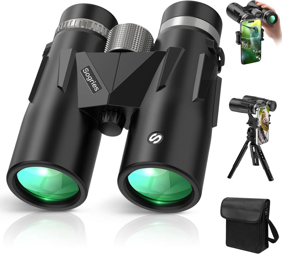 12x42 HD Binoculars for Adults with Phone Adapter, Tripod & Tripod Adapter - BAK4 Prism, FMC Lens, Waterproof & Fogproof, High Powered Scope for Bird Watching, Hunting, Hiking, Travel