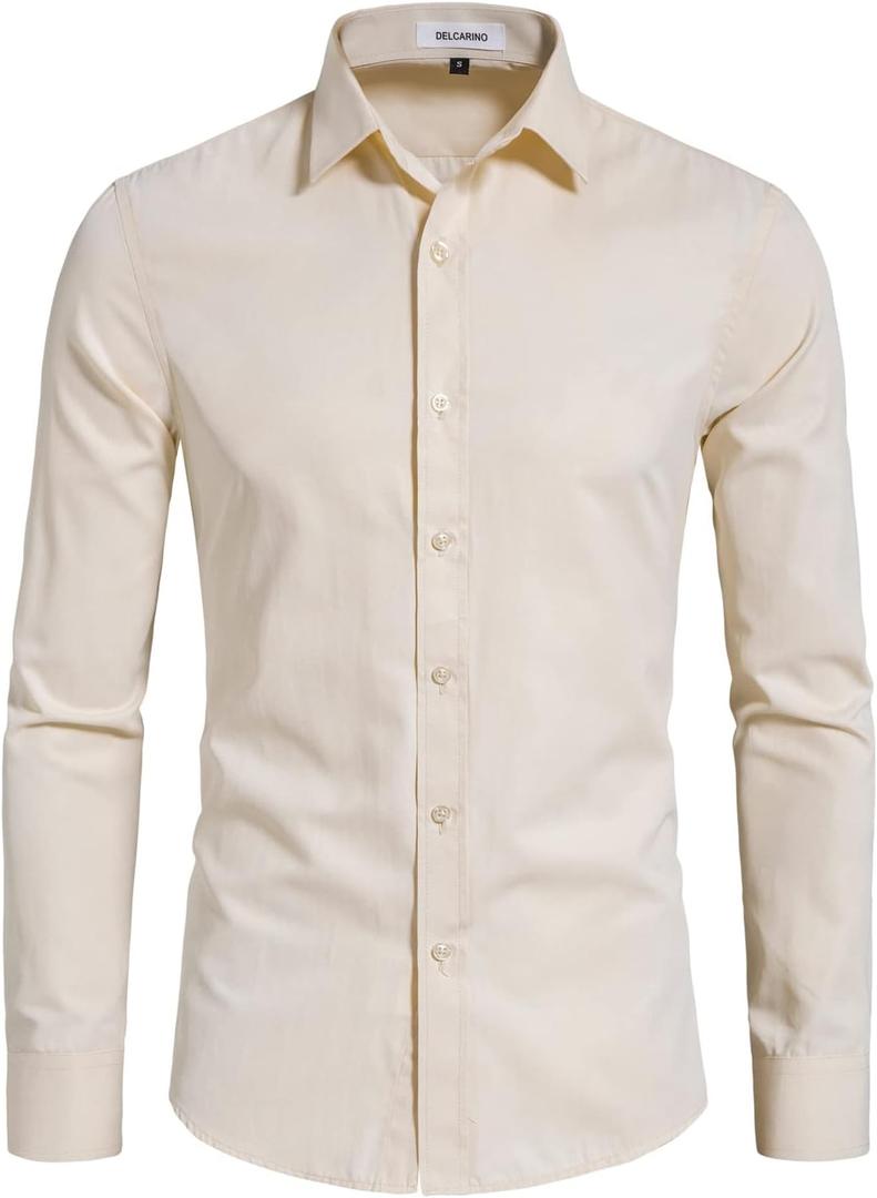 Men's Long Sleeve Button Up Shirts Solid Slim Fit Casual Business Formal Dress Shirt (Almond, Small)