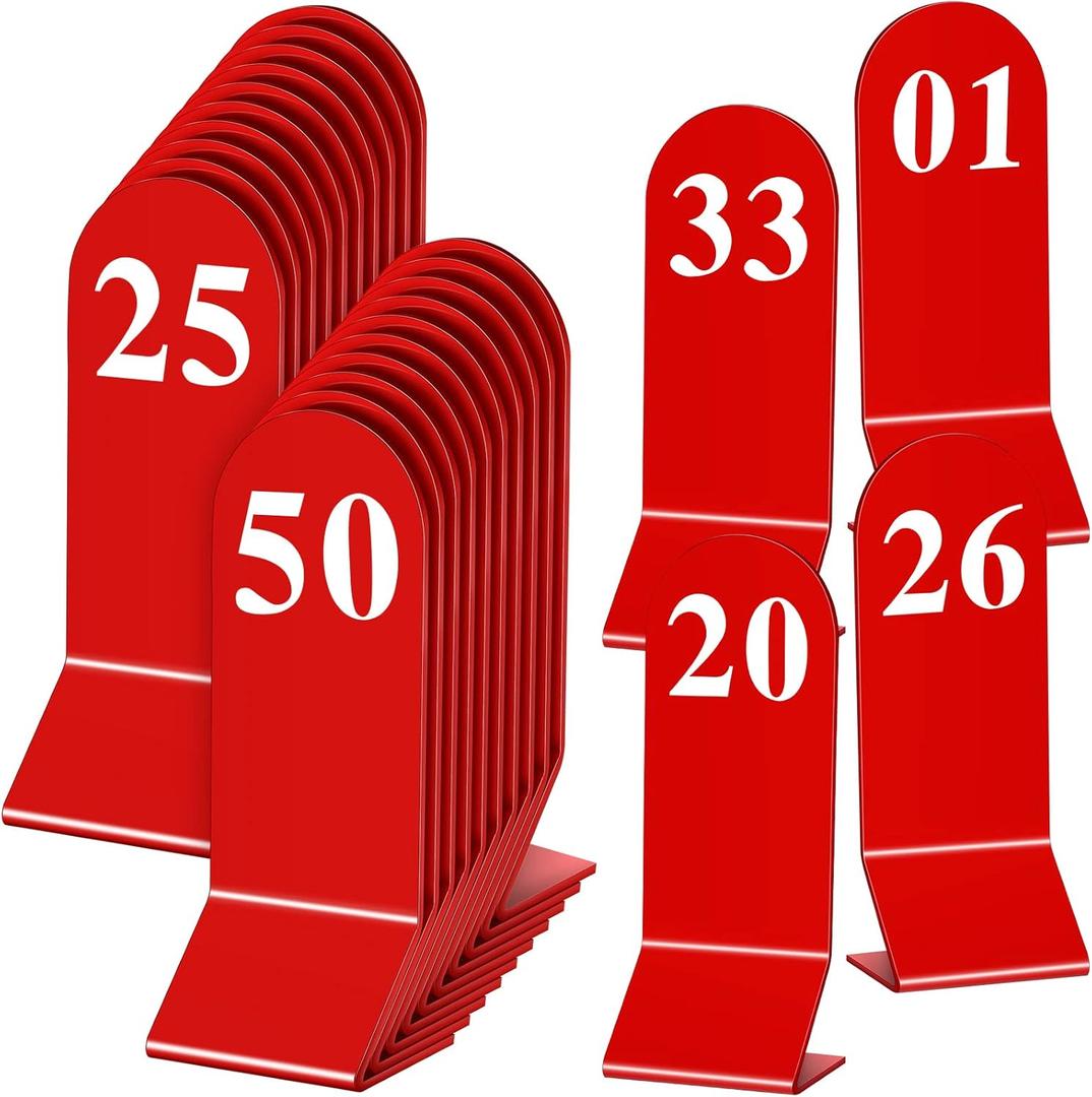 Remerry 50 Pcs Table Numbers 1-50 Acrylic Double Sided Number Cards for Restaurant Acrylic Tent Table Holders Tent Cards Wedding 2.36 x 6.3 Inch(Red)