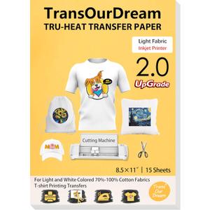 TransOurDream Upgraded Iron on Heat Transfer Paper for T Shirts (8.5x11'', 15 Sheets) Iron-on Transfers Paper for Light Fabric Printable Heat Transfer Vinyl for Inkjet Printer (TOD-4-15)