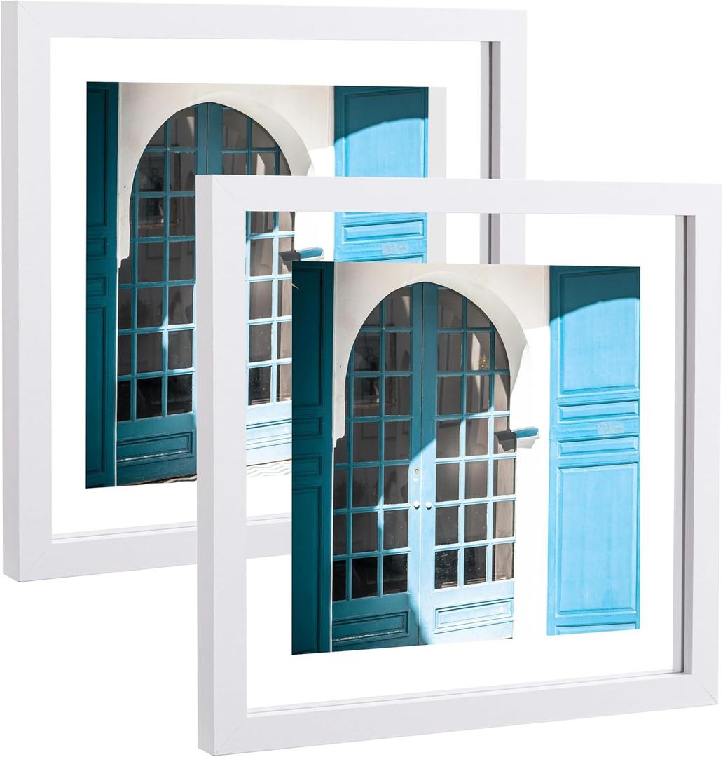 eletecpro 12x12 Floating Picture Frames Set of 2, Clear Double Glass Picture Frames for Wall Mount, Display Multi-size Photos and Artworks up to 12x12 Inches, Home Decor, White