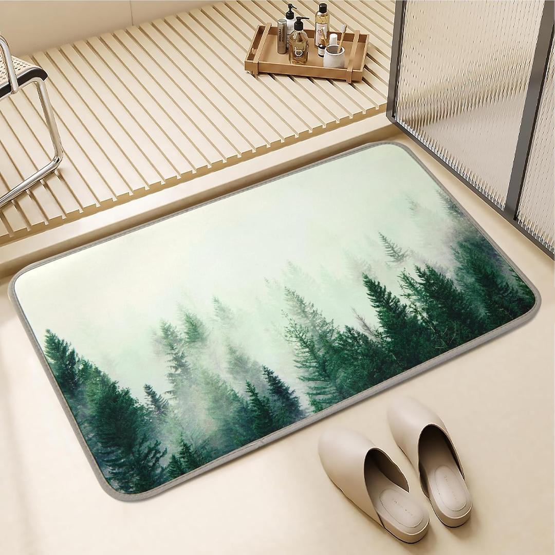 ORTIGIA Misty Forest Bathroom Rug, 16x24 Green Thin Bath Mat Doormat Floor Mat Absorbent Quick Dry Non Slip, Diatomaceous Mud Mats with Rubber Backing for Shower Tub Sink Laundry Kitchen Doorway