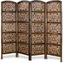 Room Divider Wood Screen - Rajasthan Antique Brown - 4 Panel Folding 72 x 80 - Intricate Hand Carved Decorative Functional Versatile Portable Partition Reversible Freestanding Privacy - COTTON CRAFT