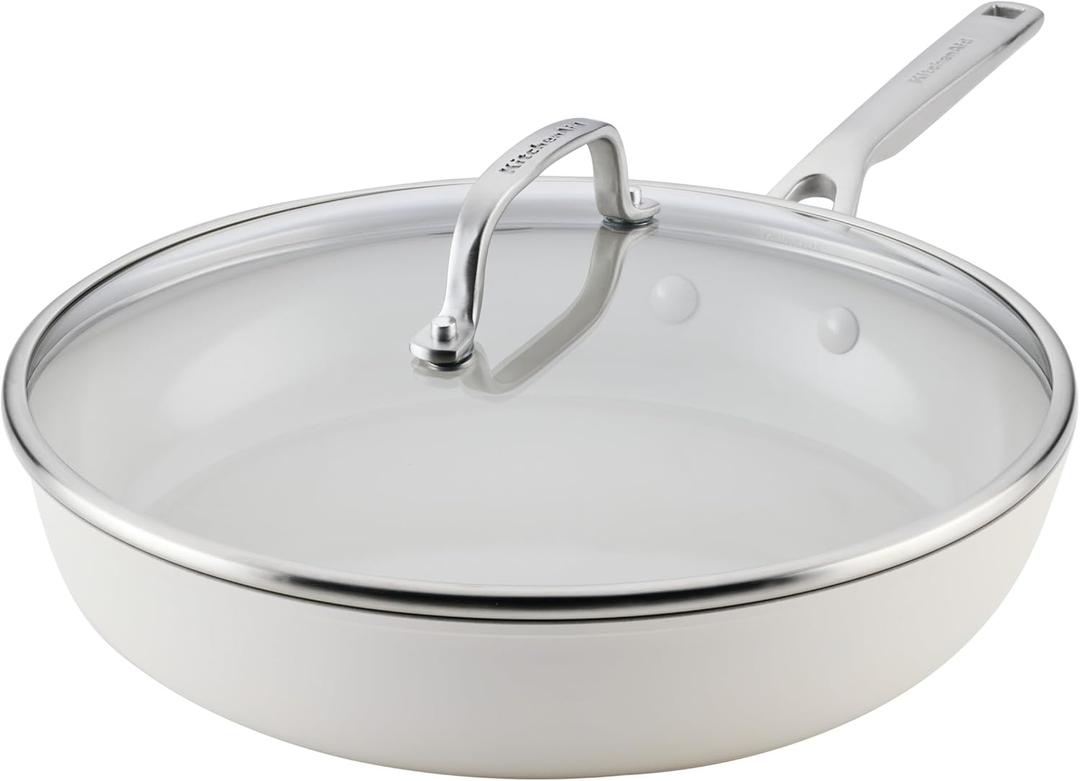 KitchenAid Hard Anodized Ceramic Induction Nonstick Cookware Frying Pan/Skillet with Lid, Dishwasher Safe, 12.25 Inch Non Stick Fry Pan with Stainless Steel Handle - Porcelain White