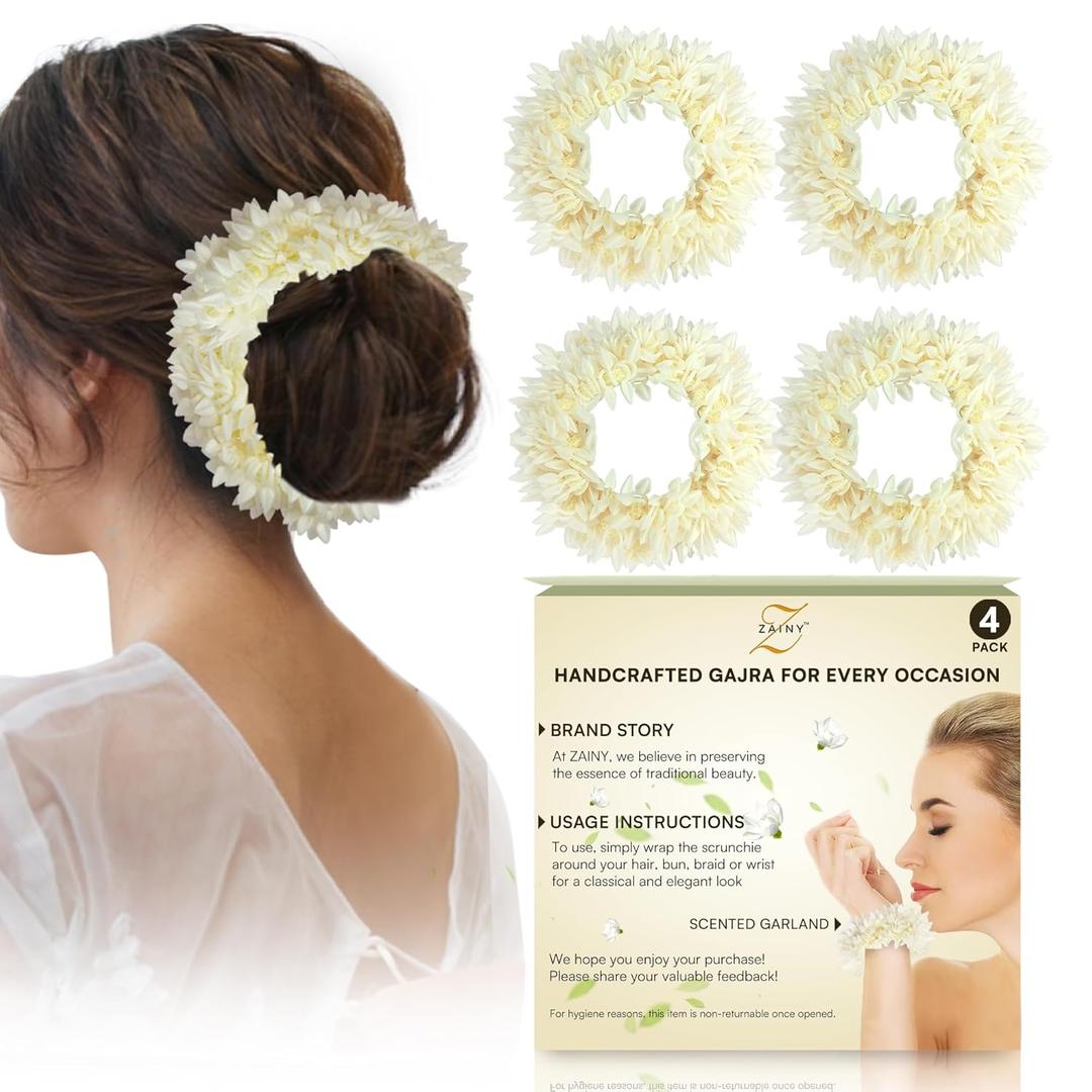 ZAINY 4 Mogra Gajra for Hair Indian Bun Braid, Artificial Scented Hand Gajra Bracelet, Jasmine Flower Scrunchie, Traditional Veni Bridal Hair Accessories for Women, Floral Indian Wedding 4 Pack