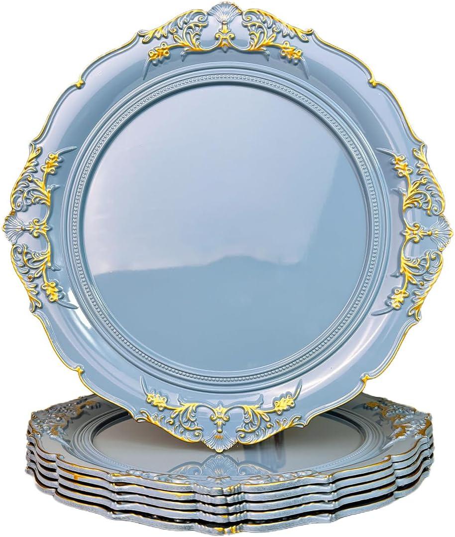 Blue Charger Plates, 13 Inch Embossed Chargers for Dinner Plates. Plastic Charger for Wedding, Party. (Set of 6)